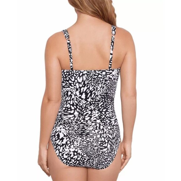 Swim Solutions Women's Printed Ruched-Front One Piece Swimsuit Black & White 18 - Picture 3 of 9